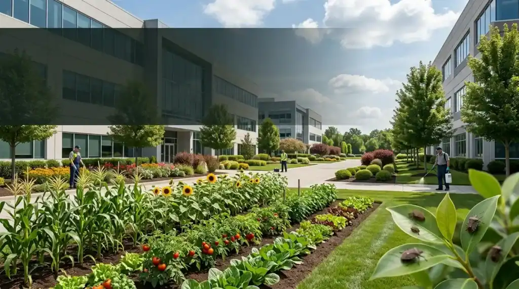 8 Effective Ways to Kill and Get Rid of Stink Bugs in Garden Fast Cover banner depicting comprehensive facility maintenance and grounds control, showing corporate landscape workers, a manicured garden area, and integrated commercial pest management (stink bugs).