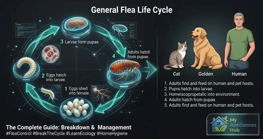 The Complete Flea Life Cycle: From Egg to Adult in Three Weeks flea life cycle tech infographic social banner