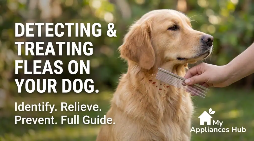 How to Treat Flea Bites on Dogs: Expert Relief & Prevention Guide A close-up view of a golden retriever being checked with a flea comb by its owner, with text overlay reading "DETECTING & TREATING FLEAS ON YOUR DOG." and "Identify. Relieve. Prevent. Full Guide."
