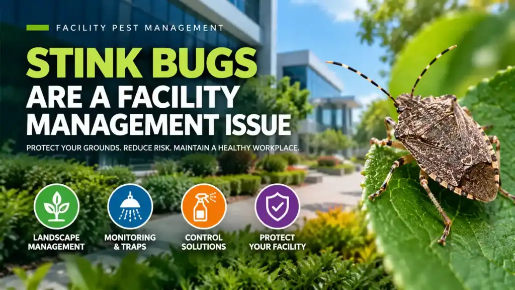 8 Effective Ways to Kill and Get Rid of Stink Bugs in Garden Fast Social banner showing commercial facility grounds maintenance with landscaping crews, corporate garden areas, and targeted agricultural pest management for stink bugs.
