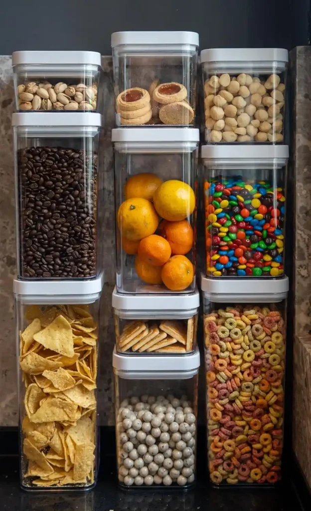 Amazon Basics clear airtight food storage containers with twist and turn lids for organizing dry foods in an office pantry or breakroom.