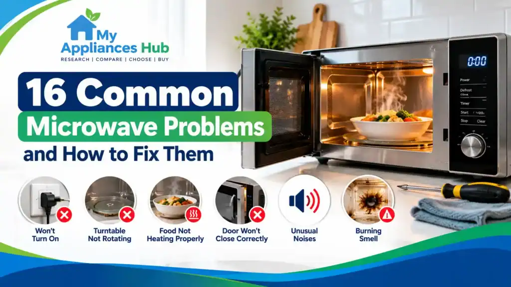 16 common microwave problems and how to fix them, featuring a microwave oven and common fault indicators.