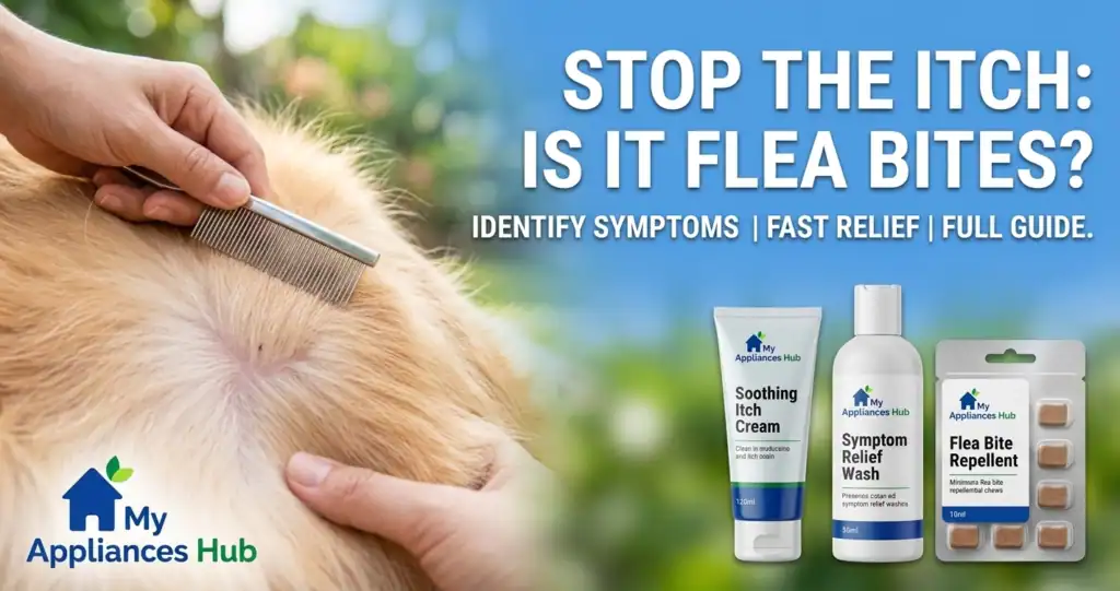 Flea Bites On Dogs: What Do Flea Bites Symptoms Look Like on Dogs? A modern social media banner graphic comparing a healthy dog's skin with a macro view of flea bites, alongside modern product packaging for symptom relief and prevention on a bright blue and green background