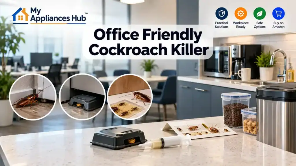 Office breakroom featuring cockroach bait stations and pest control products for workplace cockroach management.